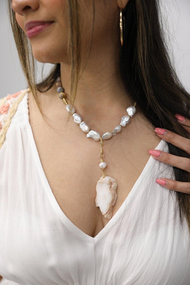 Instant Classic Pearl and Natural Jasper Stones Necklace with Removeable Crystal Slice Pendant