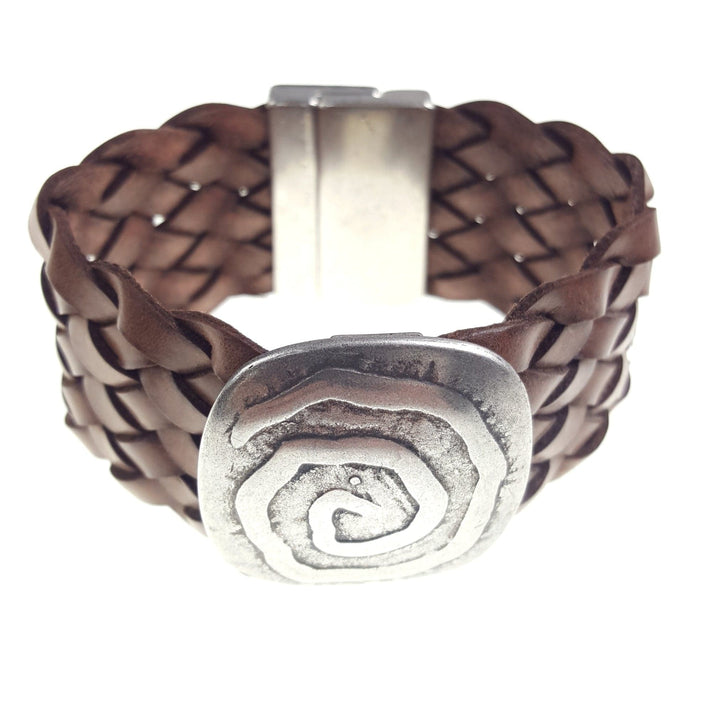 Large Braided Leather Bracelet with Swirl Pendant