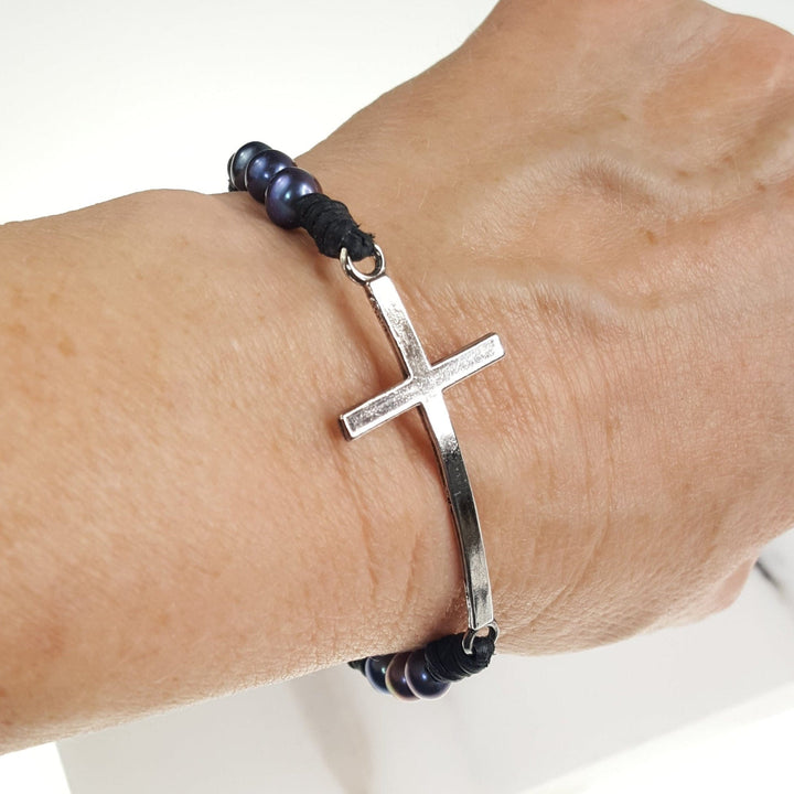 Leather and Mini Pearl Cross Bracelet with Pearl Closure