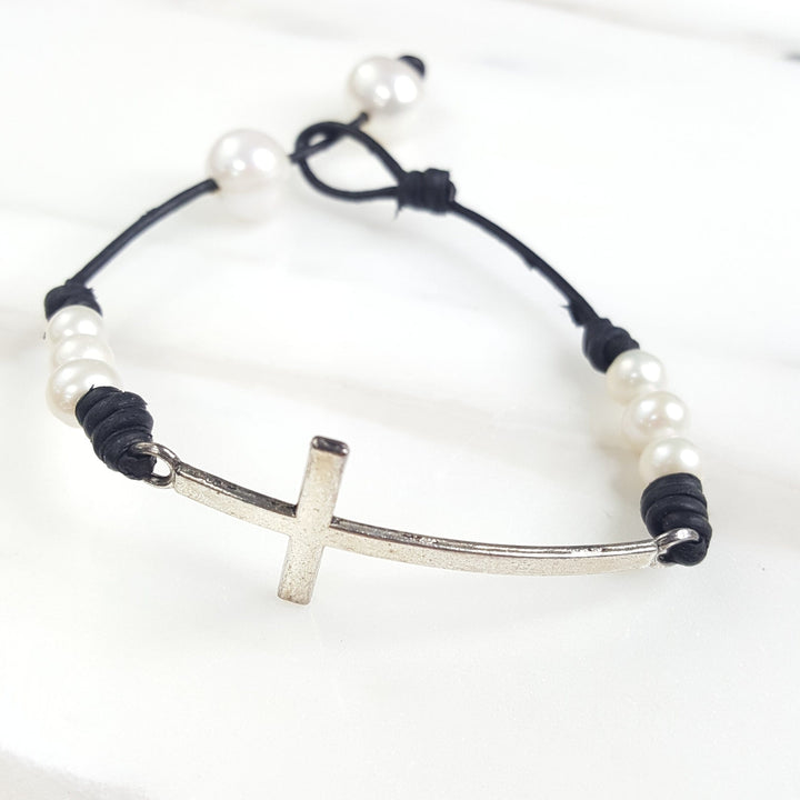 Leather and Mini Pearl Cross Bracelet with Pearl Closure