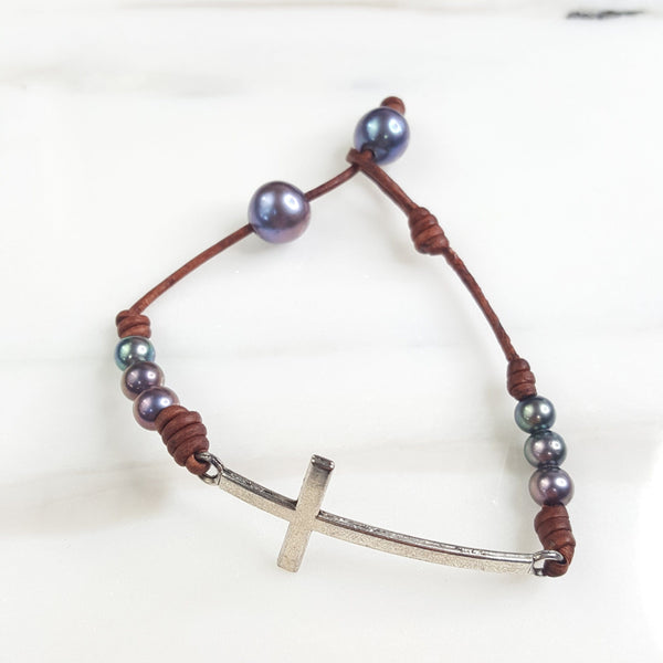 Leather and Mini Pearl Cross Bracelet with Pearl Closure