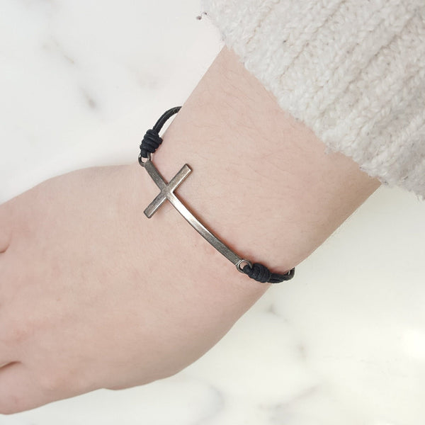 Leather Bracelet with Silver Cross and Pearls