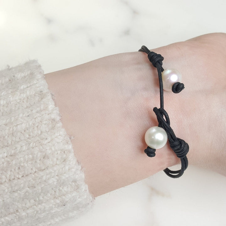 Leather Bracelet with Silver Cross and Pearls