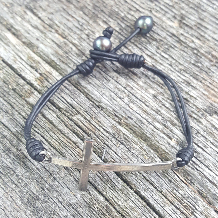 Leather Bracelet with Silver Cross and Pearls