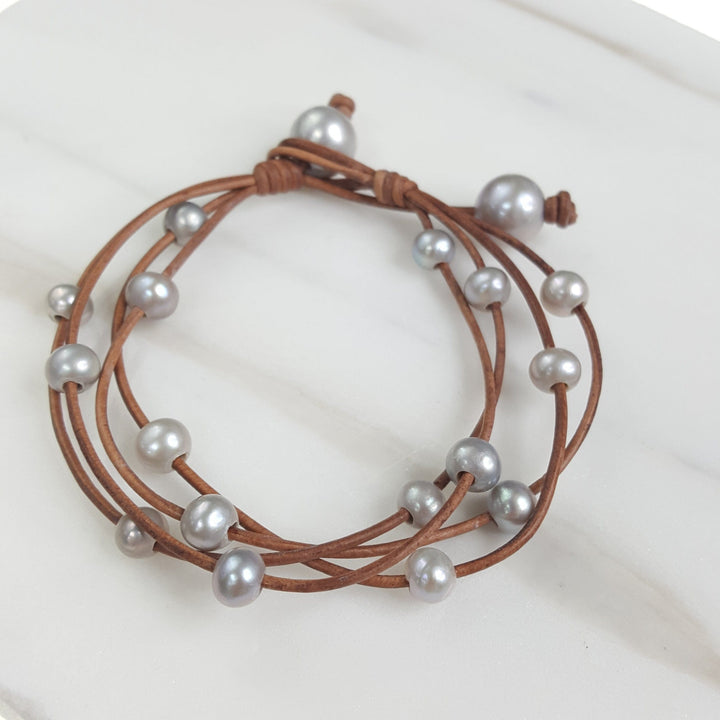 Leather Bracelet With Spaced  Freshwater Pearls