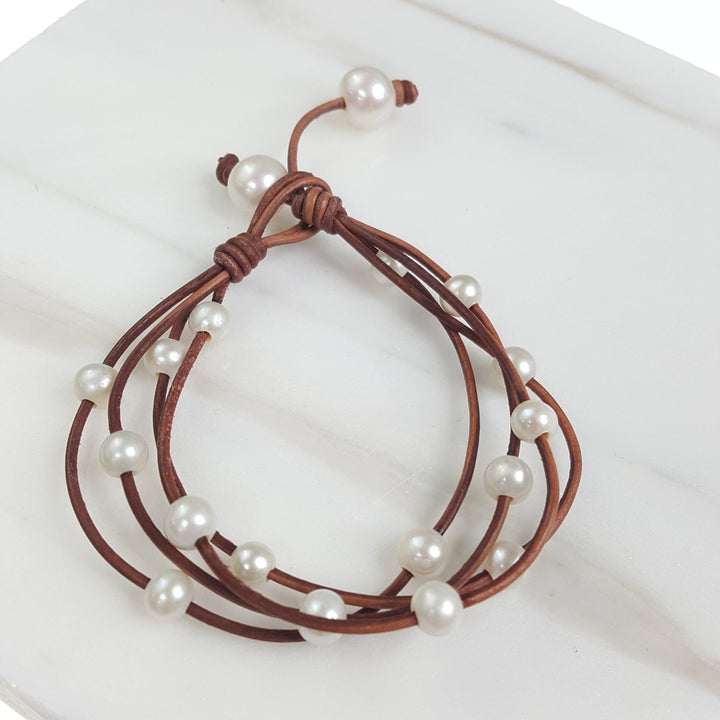 Leather Bracelet With Spaced  Freshwater Pearls