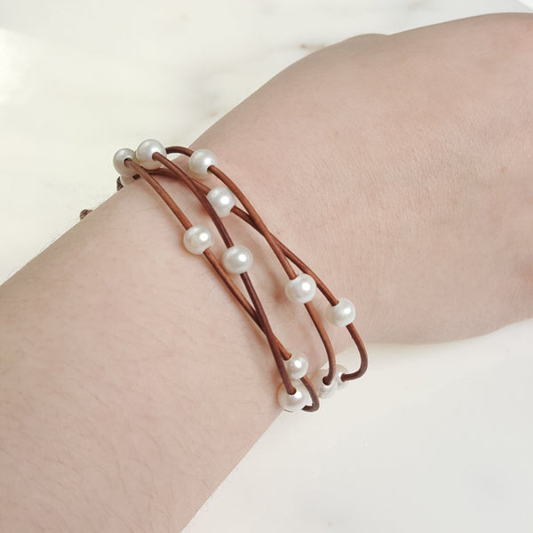 Leather Bracelet With Spaced  Freshwater Pearls