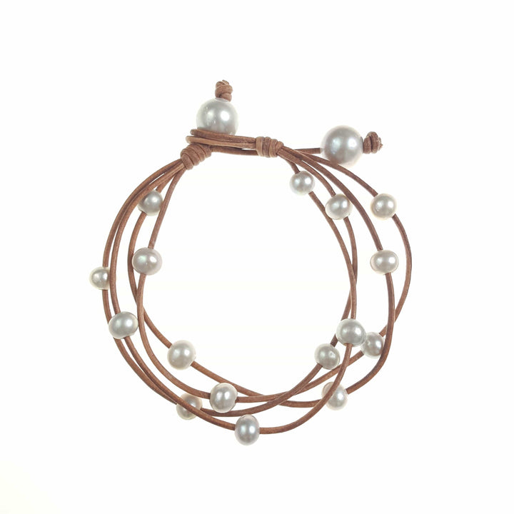 Leather Bracelet With Spaced  Freshwater Pearls