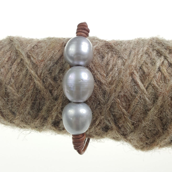 Leather Bracelet with Three Large Pearls