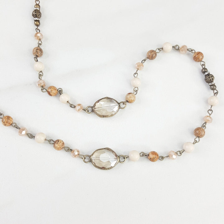 Long Beaded Necklace for Women with Crystal Accents and Faceted Glass Beads