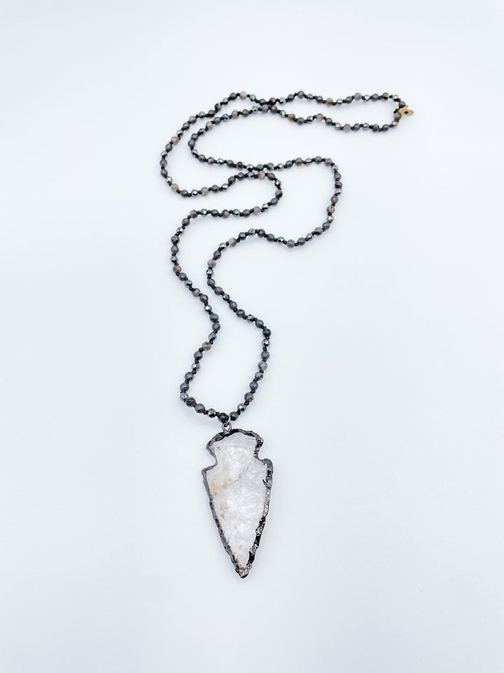 Long Beaded Necklace with Clear Arrowhead Pendant