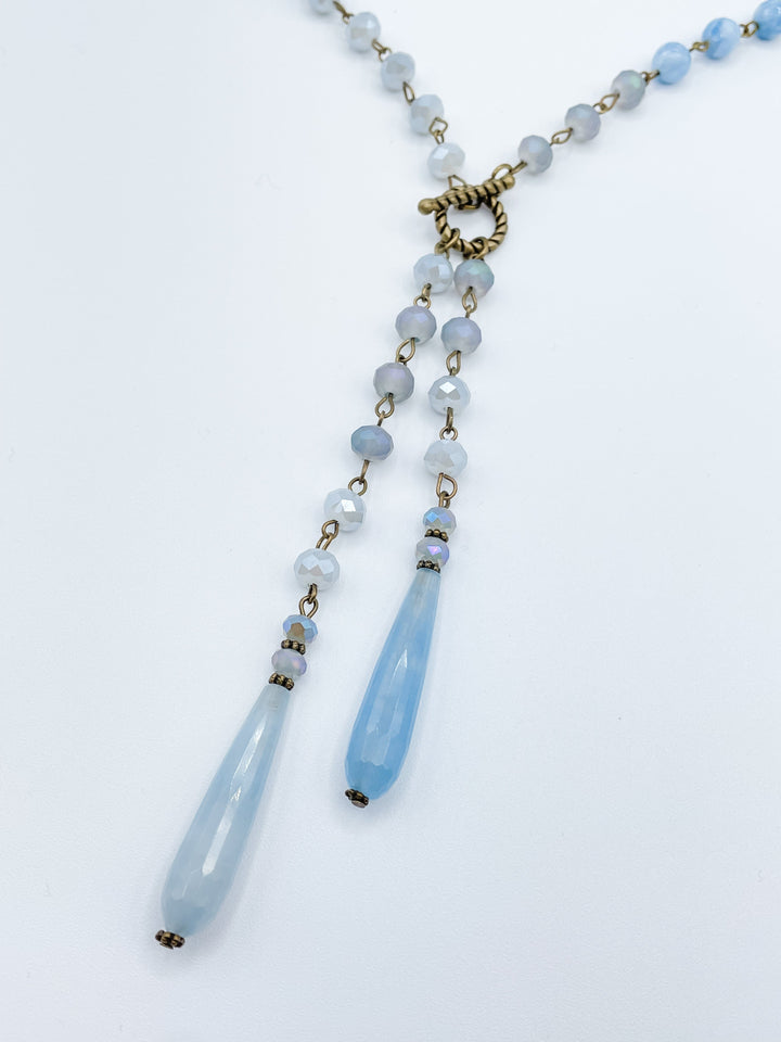 Long Beaded Necklace with Two Crystal Drop Features