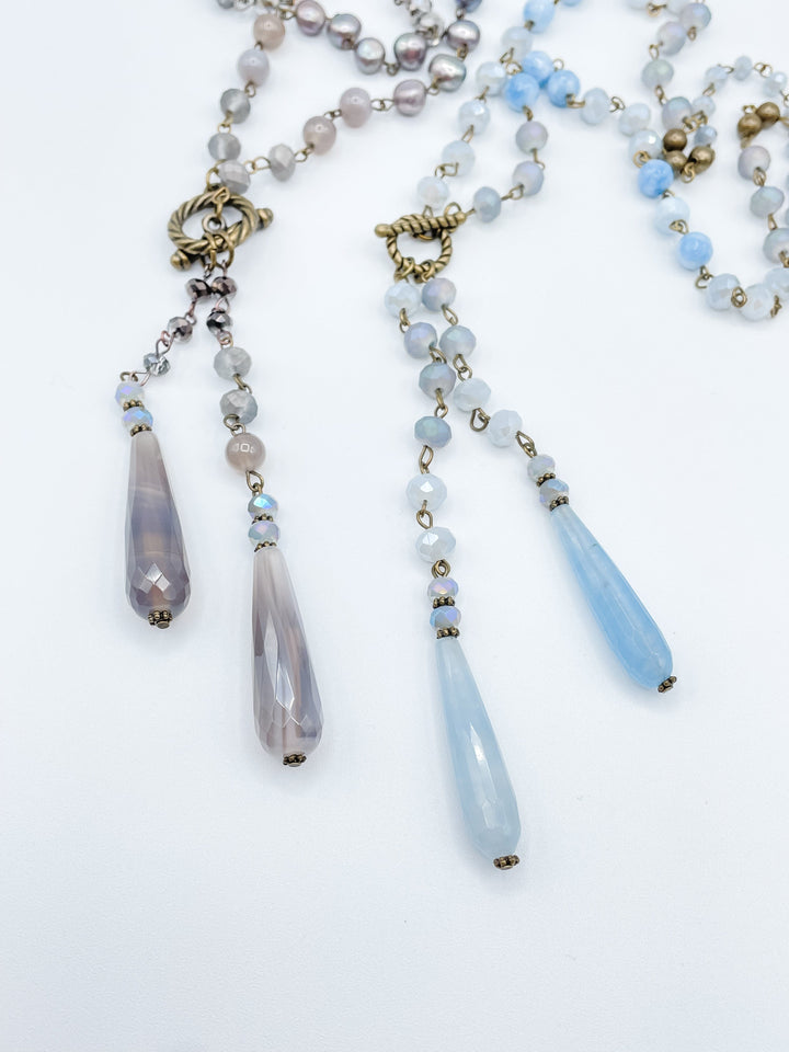 Long Beaded Necklace with Two Crystal Drop Features