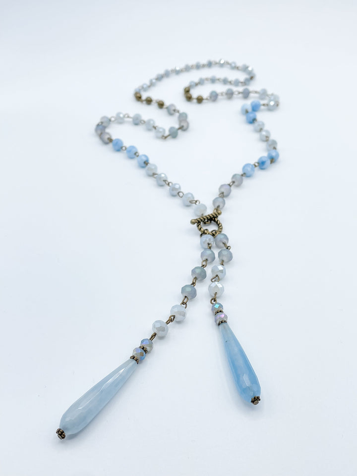 Long Beaded Necklace with Two Crystal Drop Features