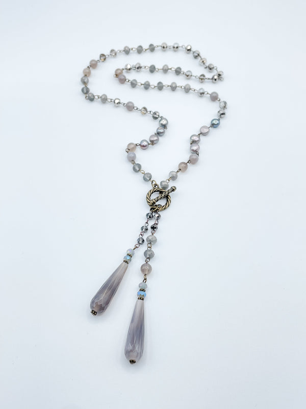 Long Beaded Necklace with Two Crystal Drop Features