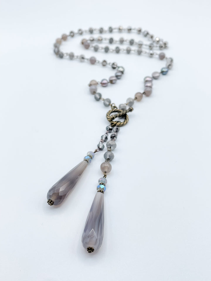 Long Beaded Necklace with Two Crystal Drop Features