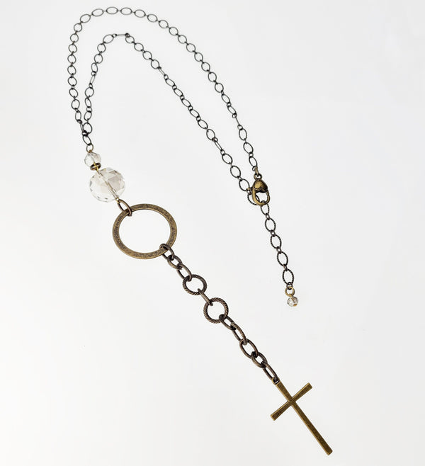 Long Bronzed Necklace with Clear Crystal and Cross Accent