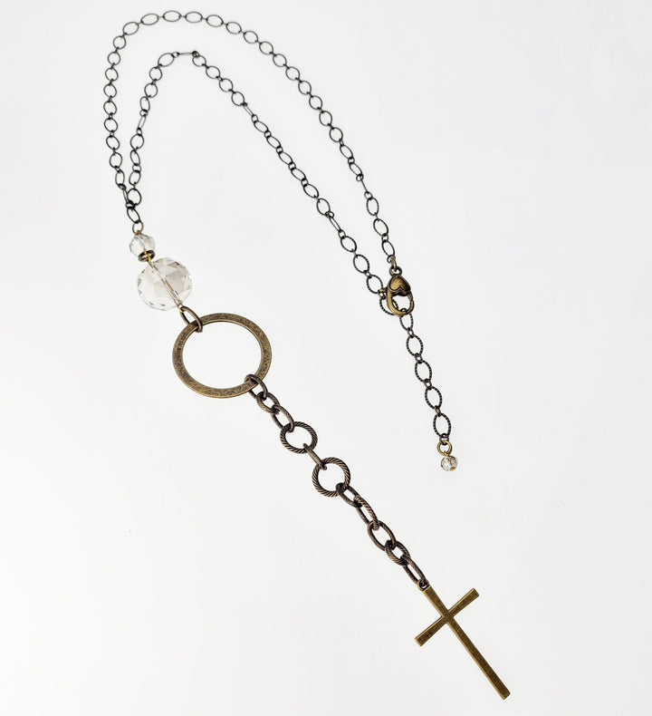 Long Bronzed Necklace with Clear Crystal and Cross Accent