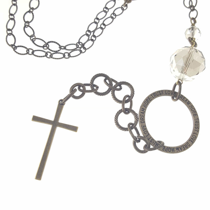 Long Bronzed Necklace with Clear Crystal and Cross Accent