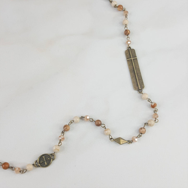 Long Natural Stone Necklace For Women with Cross Accents