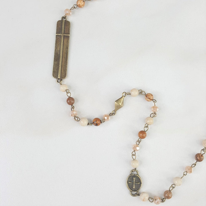 Long Natural Stone Necklace For Women with Cross Accents