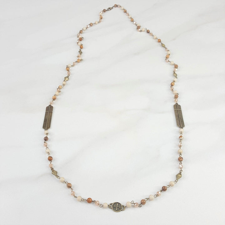 Long Natural Stone Necklace For Women with Cross Accents