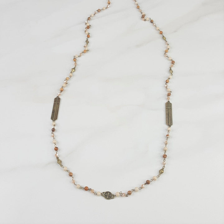 Long Natural Stone Necklace For Women with Cross Accents