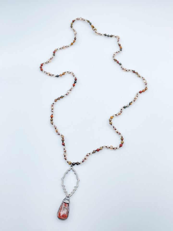 Long Necklace with Simple Filigree Connector and Stone Pendant