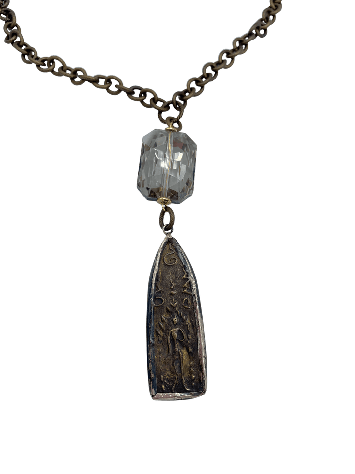 Long Statement Necklace with Leather, Chain, Large Crystal and Large Charm