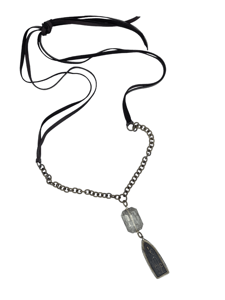 Long Statement Necklace with Leather, Chain, Large Crystal and Large Charm