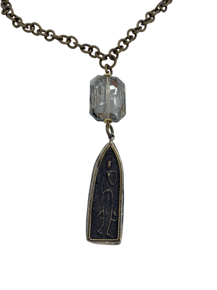 Long Statement Necklace with Leather, Chain, Large Crystal and Large Charm