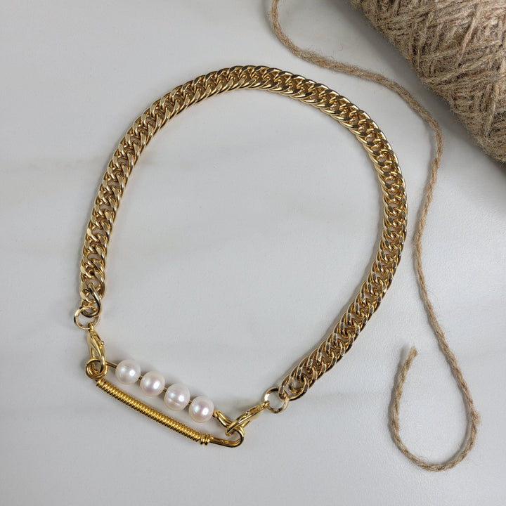 Maverick Necklace Handmade - Gold Plated Curb Chain and Safety Pin with Freshwater Pearls