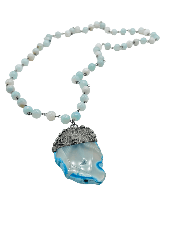 Necklace with Large Beads in Blues and Greens and Amazing Stone Pendant