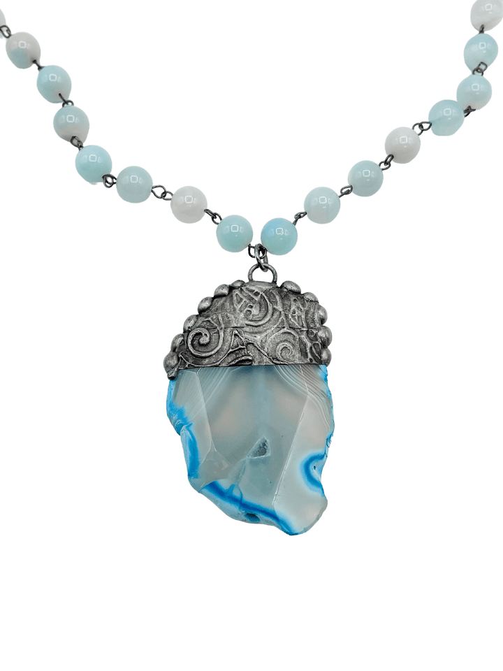 Necklace with Large Beads in Blues and Greens and Amazing Stone Pendant