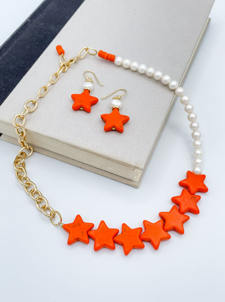 Orange Star Handmade Dangle Earring with Pearl