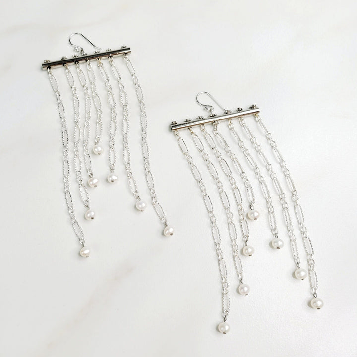 Paloma Statement Earrings with Long Silver Chain Strands and Freshwater Pearls