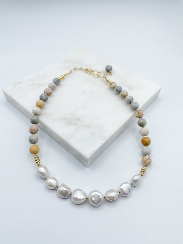 Pearl and Natural Jasper Stones Necklace