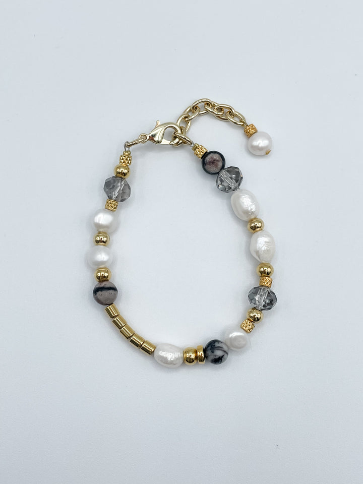 Pearl, Grey Agate and Gold Bracelet