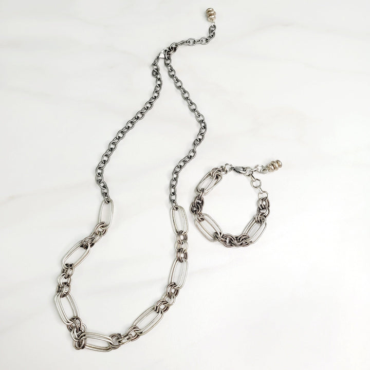 Ramone Mixed Cable Chain Long Necklace in Antique Silver