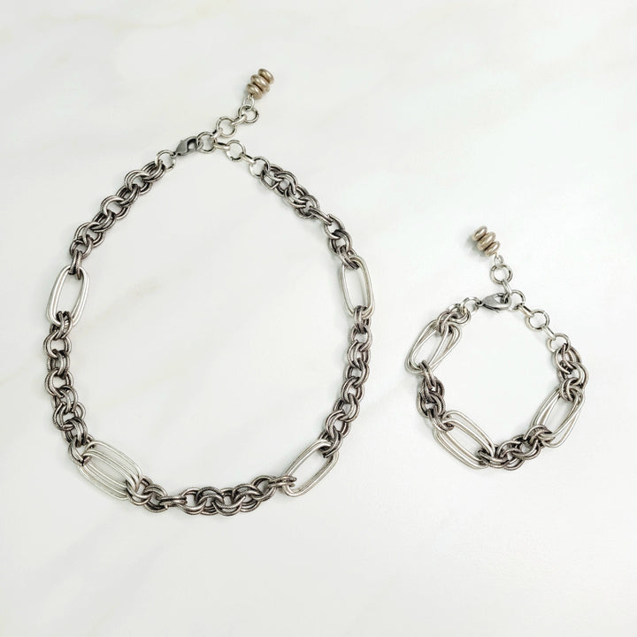 Ramone Mixed Cable Chain Short Necklace in Antique Silver