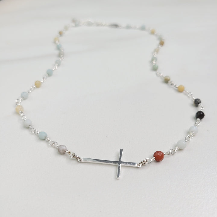 Rejoice Necklace Jasper and Amazonite Gemstones and Sideways Cross Charm