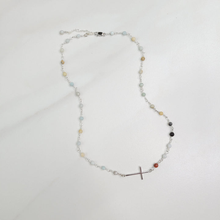 Rejoice Necklace Jasper and Amazonite Gemstones and Sideways Cross Charm