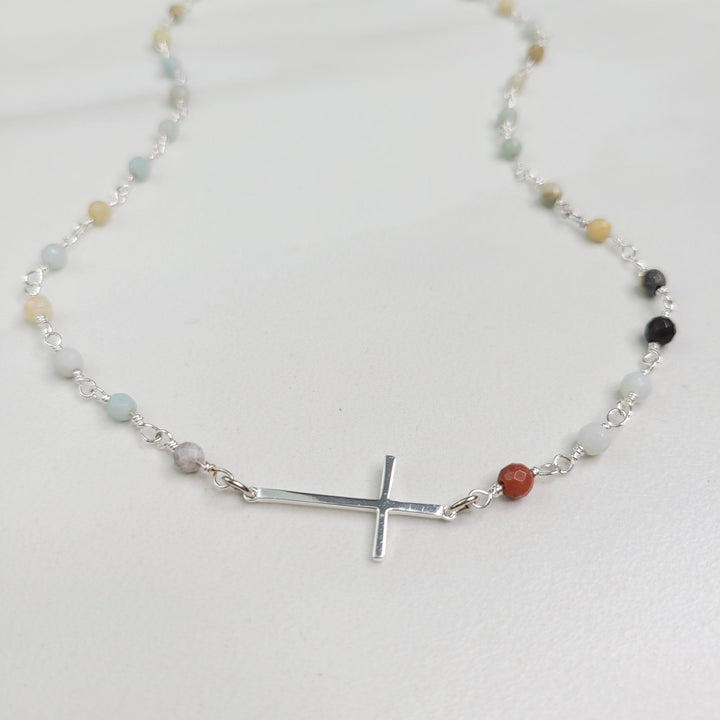 Rejoice Necklace Jasper and Amazonite Gemstones and Sideways Cross Charm