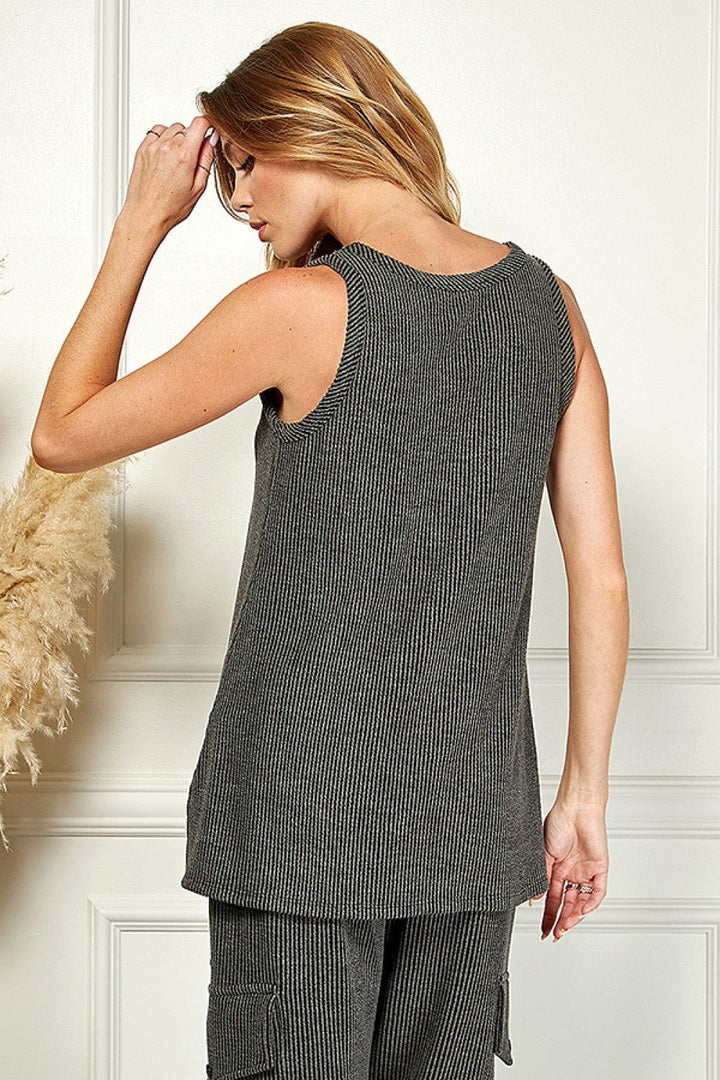 Ribbed Sleeveless V-Neck Tank Top