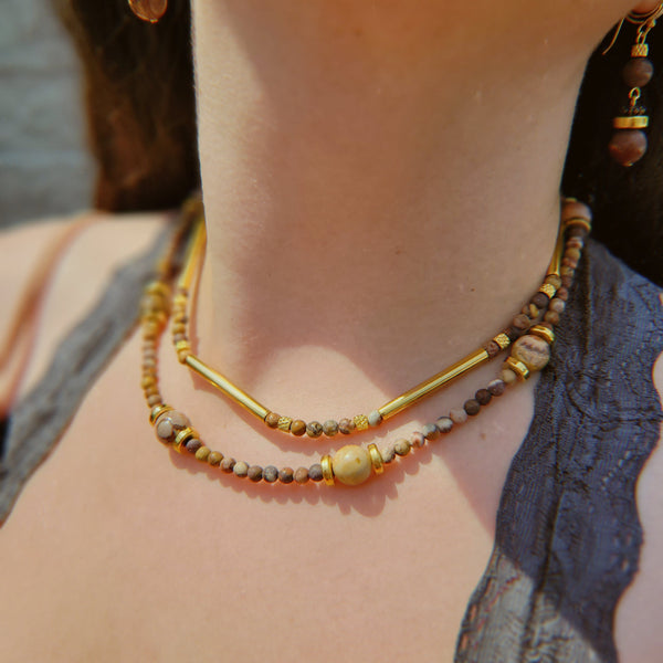 Handmade Two Strand Necklace with Vintage Elements and Rhyolite Beads