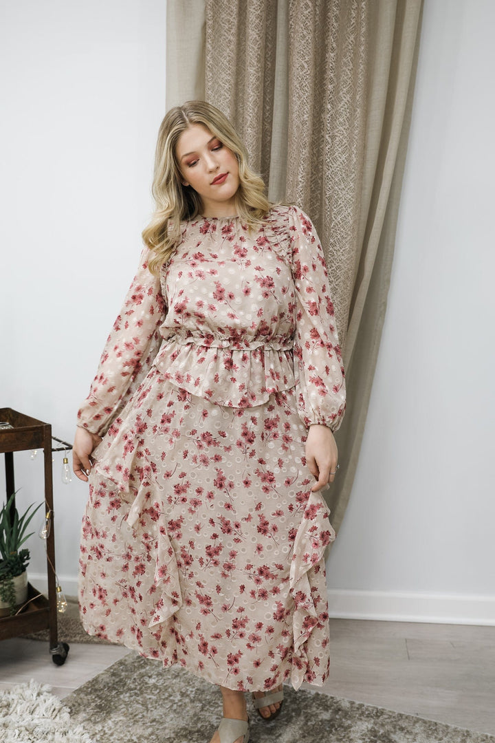 Shirred Round Neck Long Sleeve Midi Length Dress