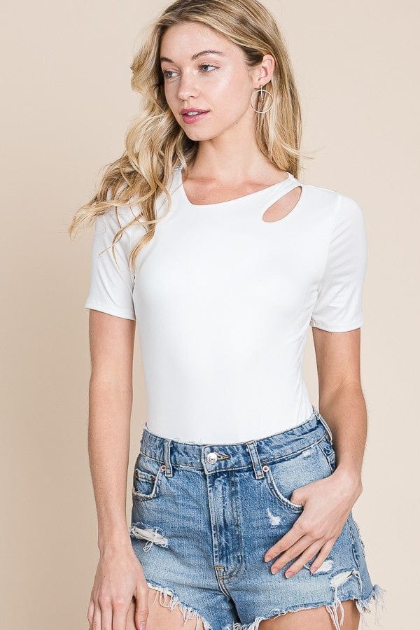 Short Sleeve Knit Bodysuit with Shoulder Cut Out Detail