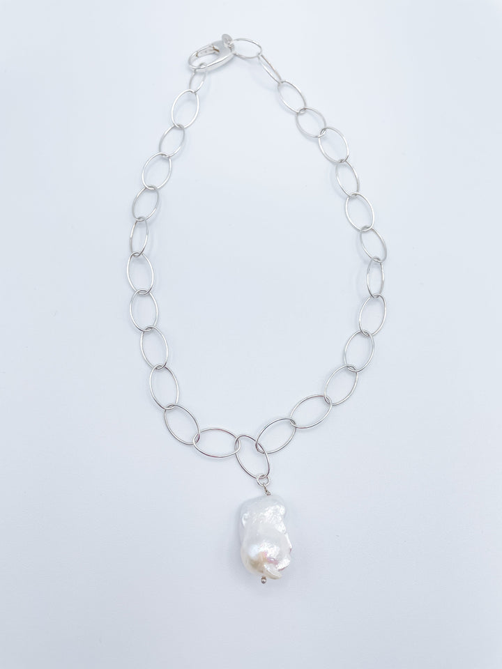 Sterling Silver Necklace with Striking Oval Chain and Large Baroque Freshwater Pearl