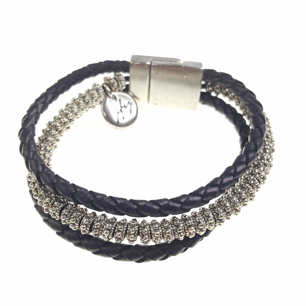 Three Strand Leather and Silver Bead Bracelet