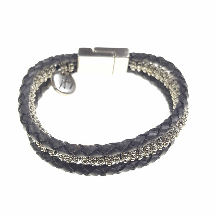 Three Strand Leather and Silver Bead Bracelet